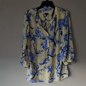 Talbots Yellow Blouse with Blue Bird And Floral Print Large